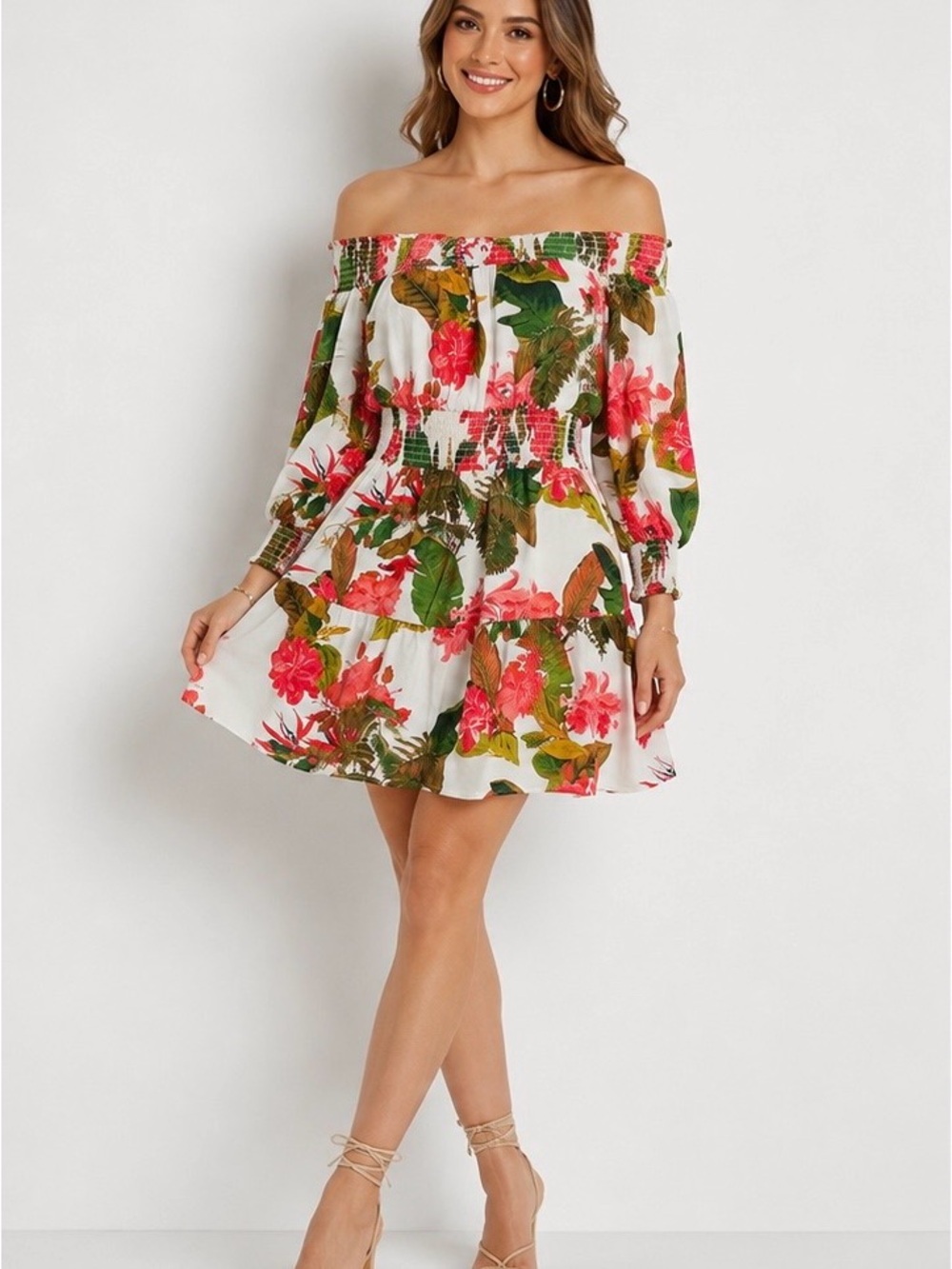 Gianni Bini White Off-Shoulder Mini Dress with Pink Floral Print
